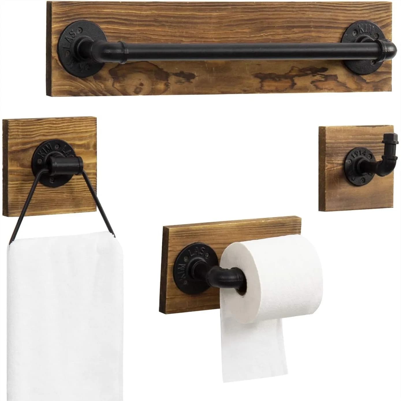 Set di accessori da bagno 4 pezzi: Porta carta igienica, portasciugamani, anello porta asciugamani e gancio in legno bruciato stile industriale nero opaco