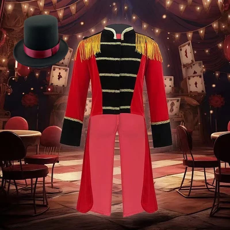 Adulto Uomo Donna Costume da direttore di circo rosso Manica lunga Nappe Punk Frac Giacca con cappello Abiti cosplay per feste di Halloween