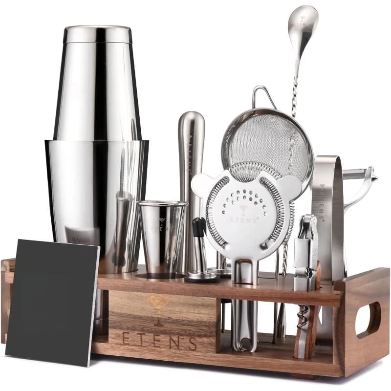 Kit da barista Mixology da 15 pezzi – Set di shaker per cocktail in acciaio inossidabile con supporto in legno | Bar professionale dello shaker Boston