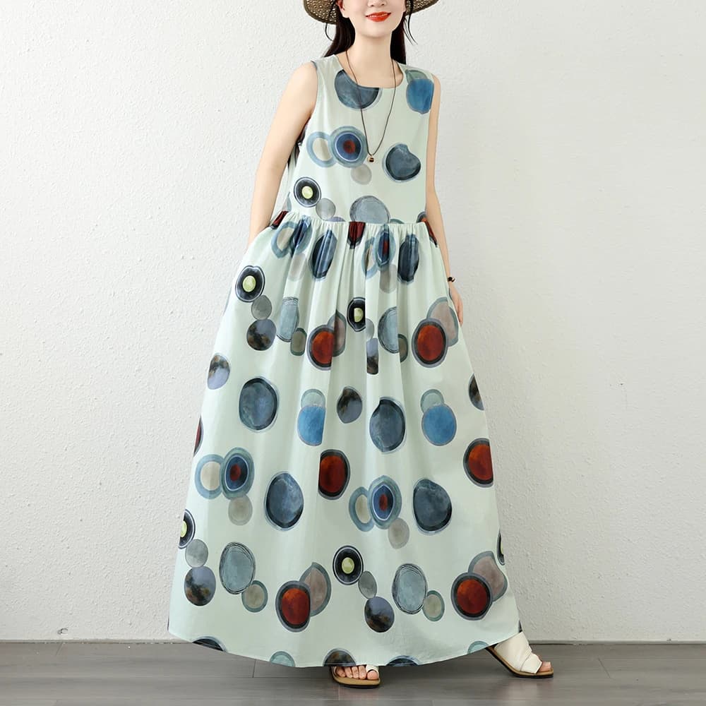 Elegant plus Size round Neck Print Sleeveless Dress Slimming Waist Long A-Line Skirt Casual Polyester Fiber Cotton Blend