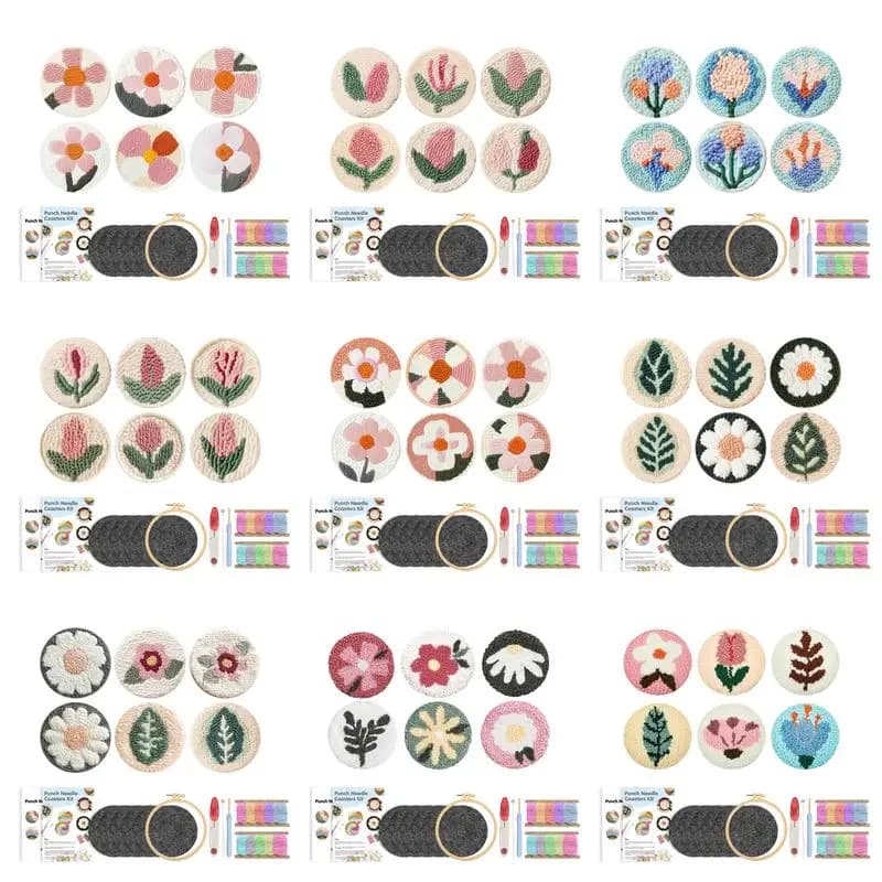 6pcs Flower Punch Needle Coaster Kit for Beginners Diy Craft Punch Needle Stitching Embroidery Art Coasters Kit Home Decor