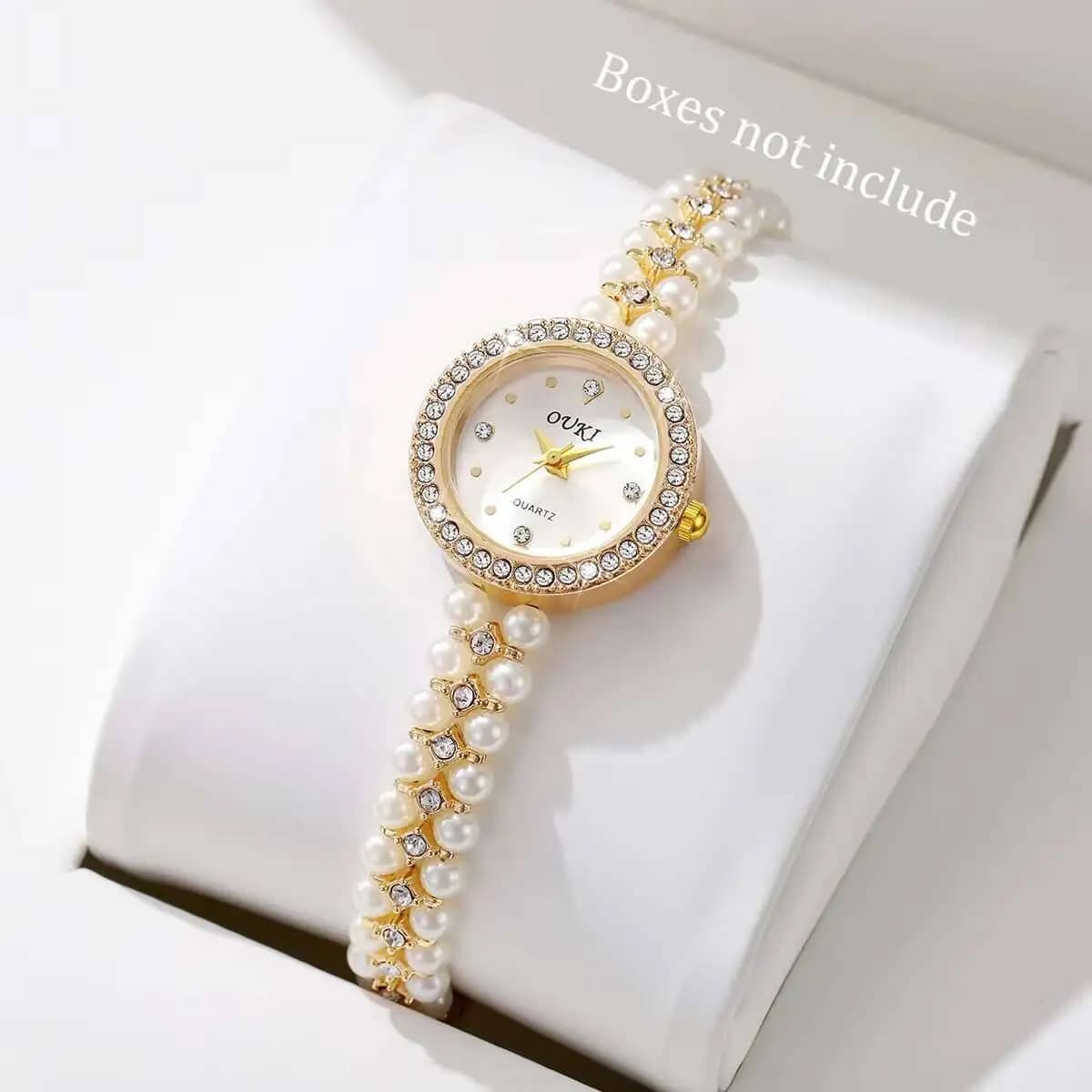 Orologi da donna con quadrante piccolo con strass alla moda Orologio da polso al quarzo con cinturino in perle imitazione da donna Reloj Mujer (senza scatola)