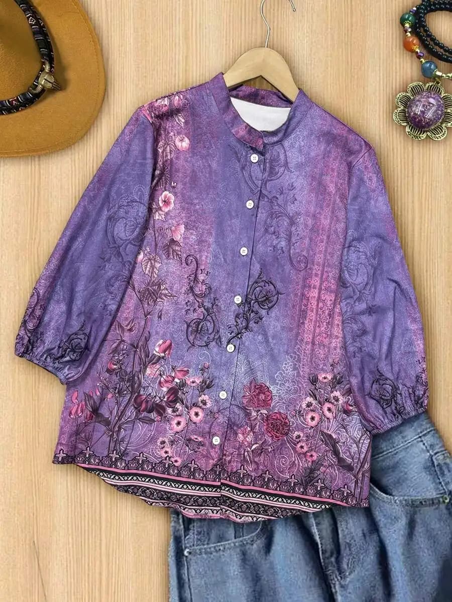 Camicetta da donna vintage con stampa floreale, maniche a lanterna a tre quarti, abbottonata, casual, stile boho, per la primavera e l'estate, da indossare tutti i giorni