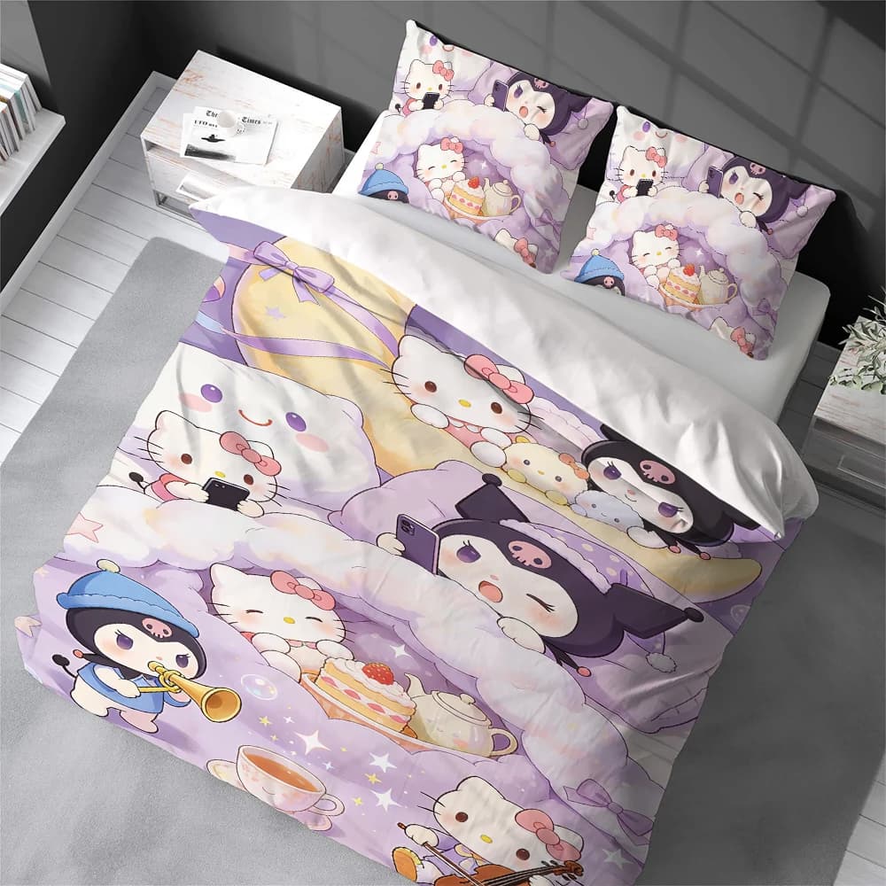 Set Copripiumino Kawaii S-Sanrio Friends, Biancheria da Letto in Cotone Morbido, Set 3 Pezzi, Regalo per Dormitorio Studentesco