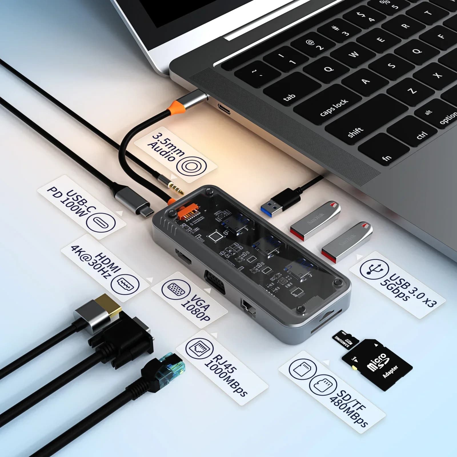 Hub USB C Docking station 10 in 1 da tipo C a PD HD-MI RJ45 1000M 4K @ 30HZ SD TF ethernet VGA AUDIO 3,5 mm per MacBook M1 M2