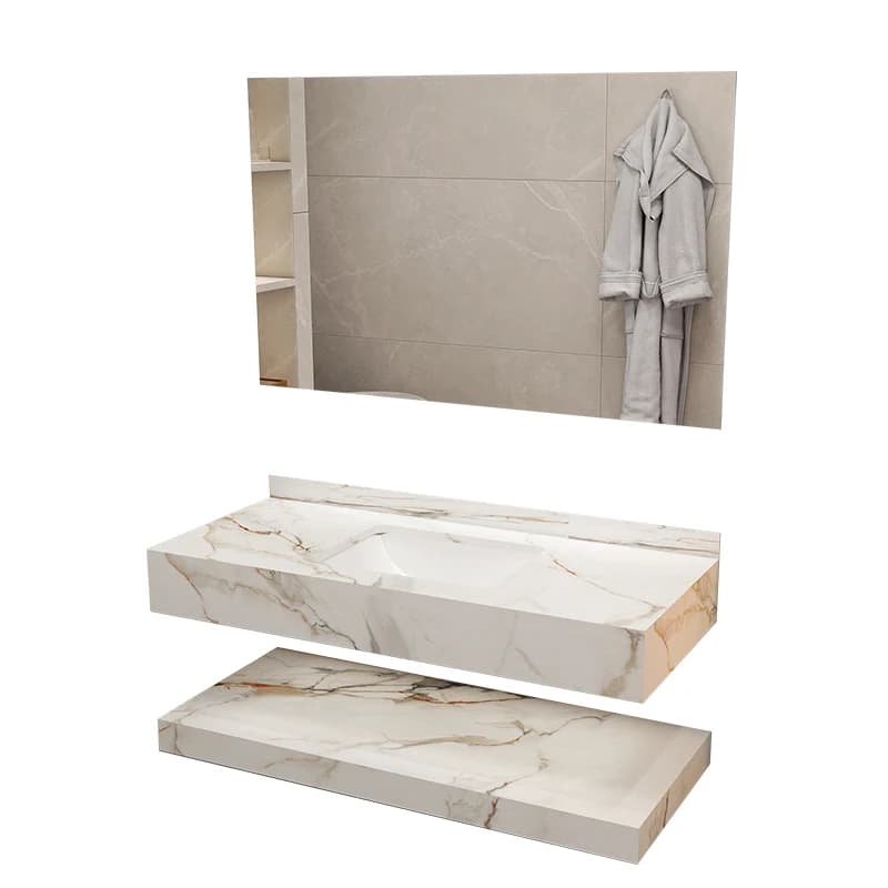 Mobile da Bagno in Stile Moderno con Lavabo in Pietra Naturale, Specchio Intelligente e Lavandino in Ceramica per Casa o Hotel