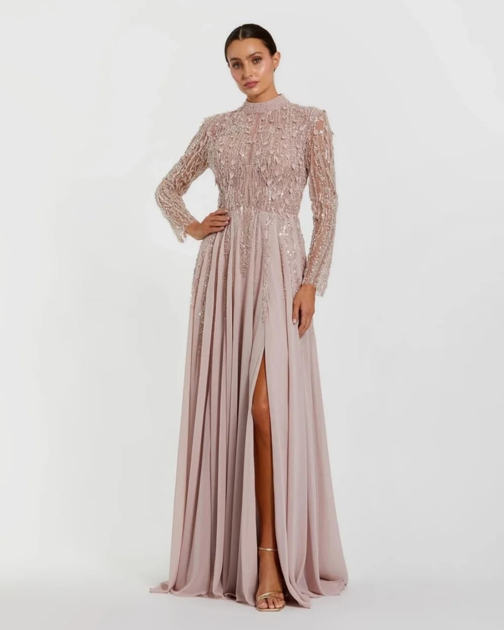 Abiti da Sera Personalizzati in Chiffon con Strass e Perline per Donne, Eleganti Vestiti a Linea A con Collo Alto, Maniche Lunghe e Lunghezza a Terra
