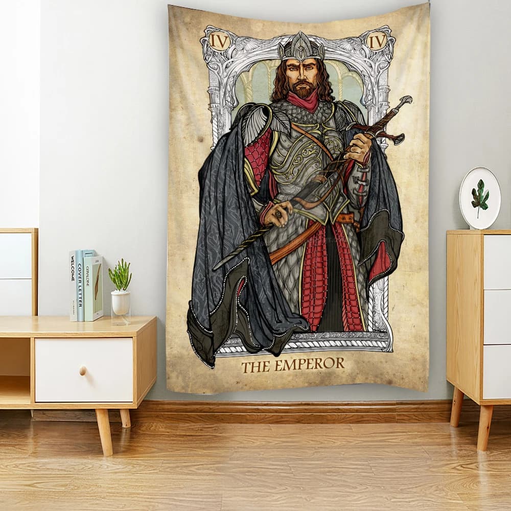 Illustrazioni di personaggi dei cartoni animati con carte dei tarocchi, decorazioni di sfondo, arazzi, decorazioni sciamaniche, arazzi
