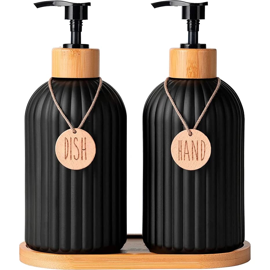 Set di bottiglie per dispenser di sapone per piatti neri da cucina con etichette Contenitore per sapone per mani e sapone da appoggio per la decorazione domestica