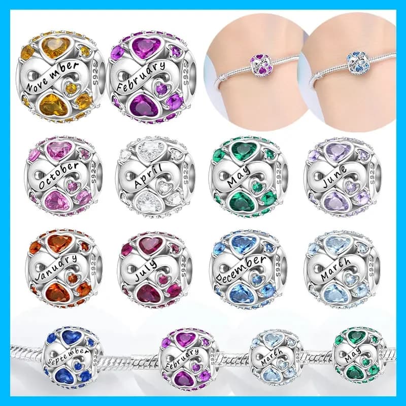 Silver-Plated Birth Month Heart Charms Bead Fit Original Bracelet Bag Keychain Earring Charm Bead Pendant Diy Women Jewelry Gift