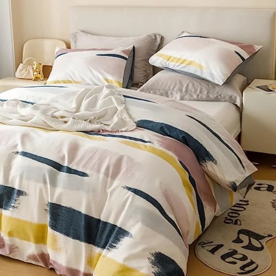 Set Copripiumino a Righe Estetico 100% Cotone 3 Pezzi: 1 Copripiumino Moderno a Righe con Chiusura a Cerniera e Lacci, 2 Federe Reversibili Geometriche