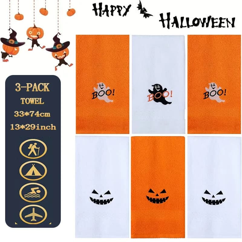 Set di 3 asciugamani in cotone ricamato per le vacanze di Halloween, set di asciugamani morbidi e confortevoli per il bagno di casa, il bagno in viaggio