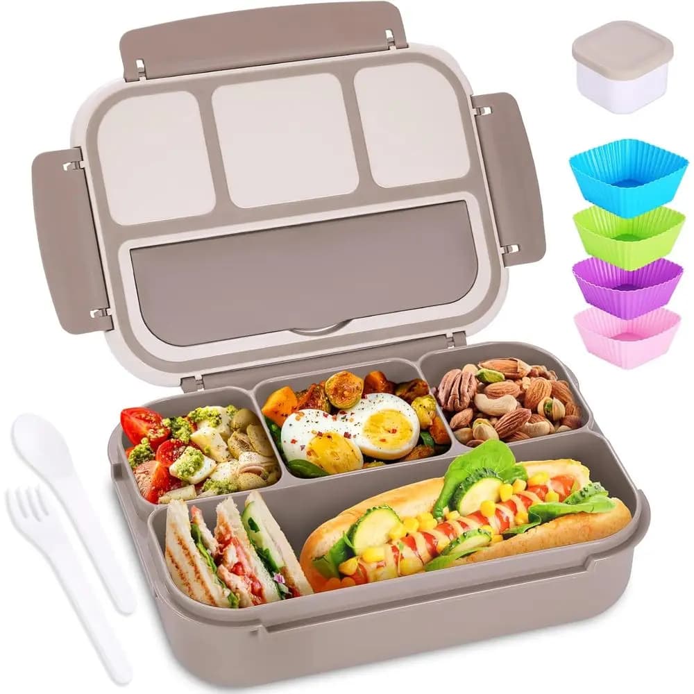 Adult Lunch Box with 4 Compartments, Utensils, Sauce Jar, and Liners, 40 Oz Capacity, Microwave & Dishwasher Safe, Brown