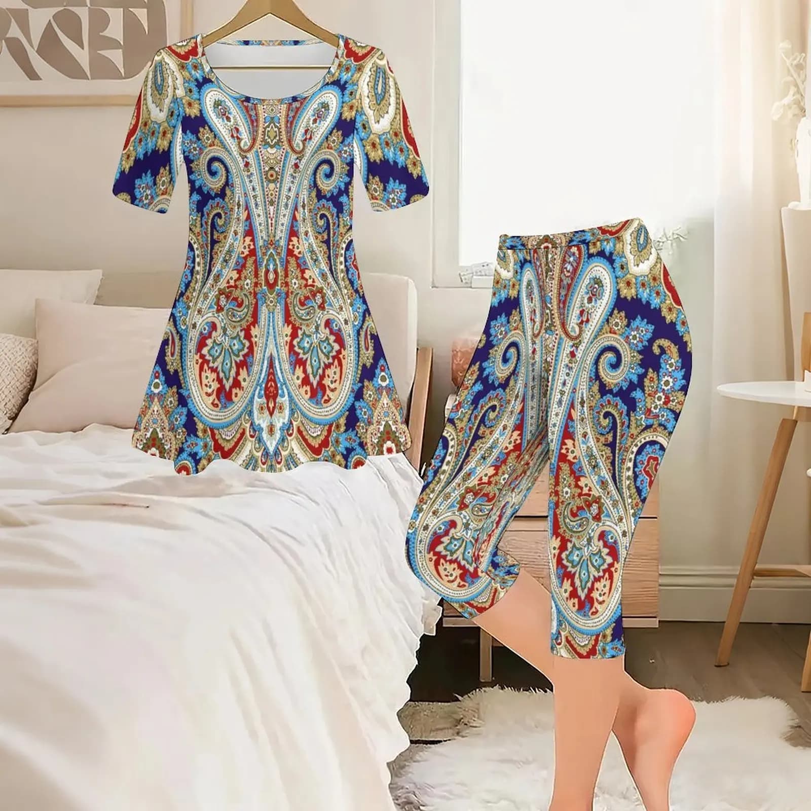 2pcs Daily Top Slim Sport Pants Ladies Printed Pants Women's Fashion Leggings Set Round Neck Short Sleeve Casual Jogger Pants