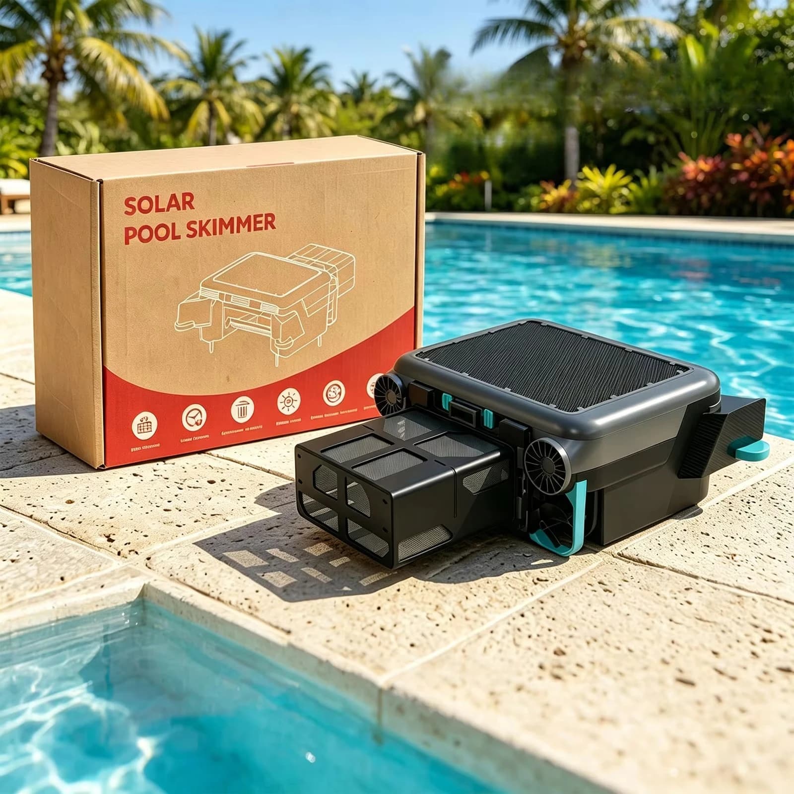 Solar Powered Automatic Robotic Pool Skimmer Cleaner 24/7 Continuous Cleaning Rechargeable 5200mAh Battery Salt Chlorine