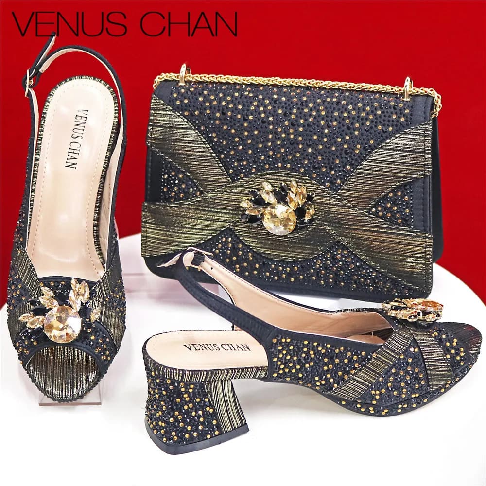 Set di scarpe e borse da sera eleganti dal design italiano, scarpe comode e borse in cristallo africano, scarpe da donna per pendolari