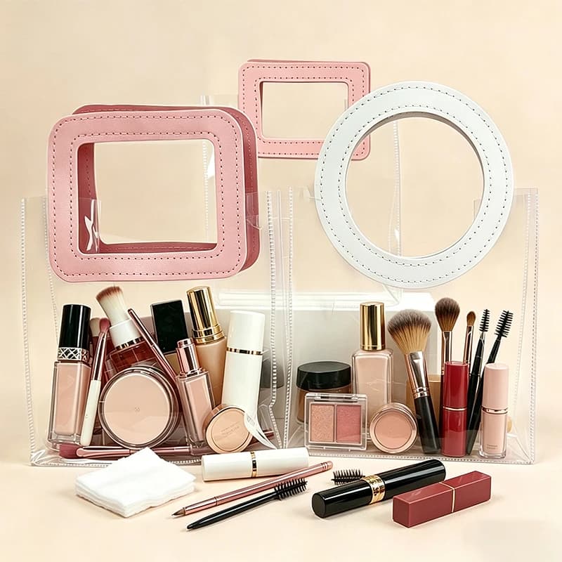 Borsa Trasparente in PVC per Trucchi, Organizer con Manico Geometrico in Pelle PU, per Viaggi e Uso Quotidiano, Portatile, per Cosmetici e Accessori