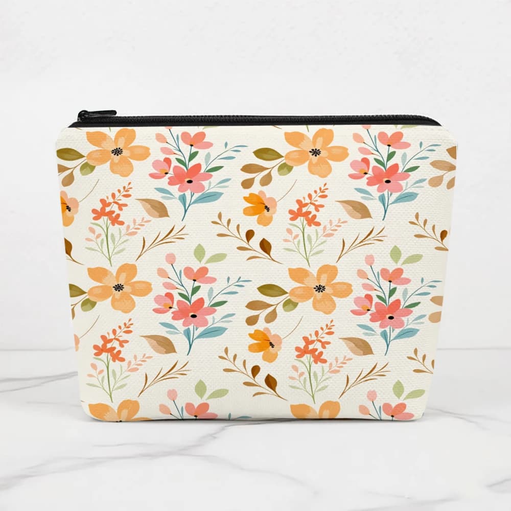 Borse per il trucco con motivo floreale con fiori arancioni e rosa, per ragazze, pochette per cosmetici, borsa da toilette, astuccio per matite, custodia da viaggio