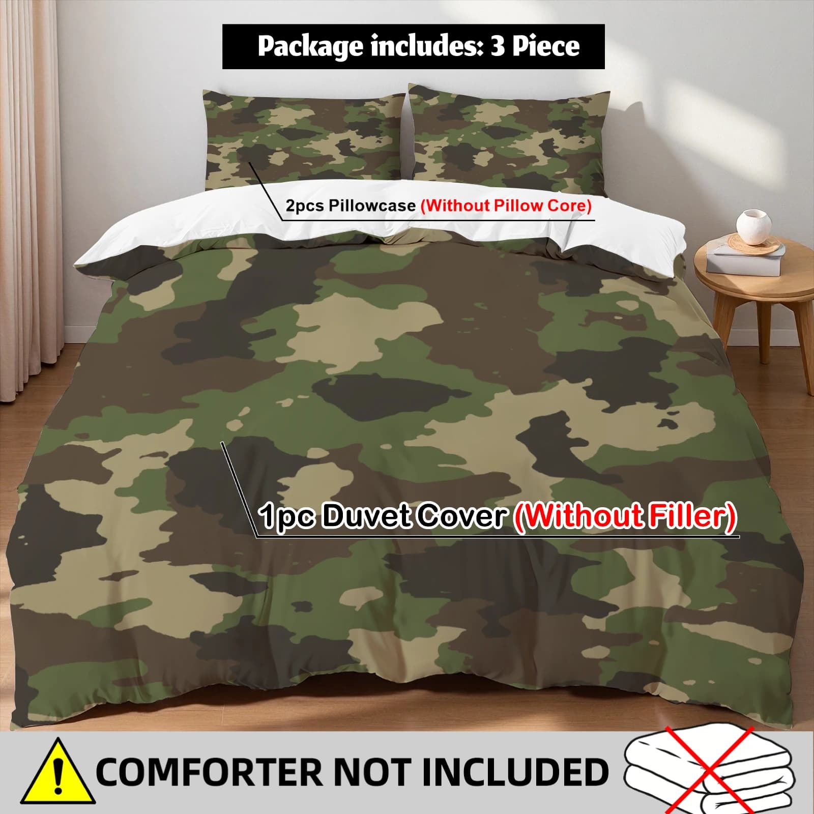 Set copripiumino Woodland Camo verde marrone mimetico per ragazzi, letto singolo, matrimoniale, king size, con federe
