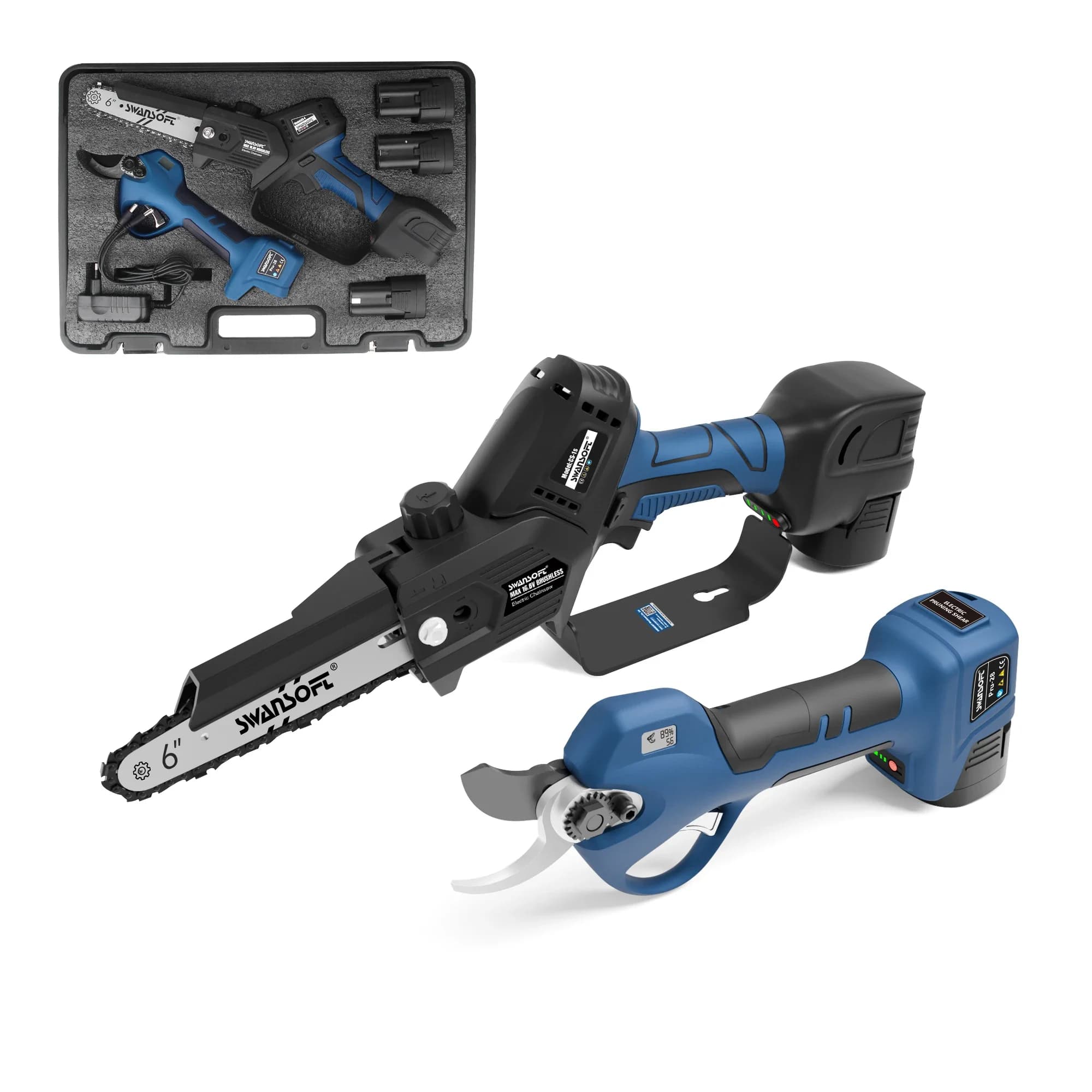 Sega a Catena CS-1S e Kit Pru28 28mm con Schermo LED, Troncarami Elettrico Progressivo Anti-Taglio SWANSOFT per Potatura Alberi da Frutto