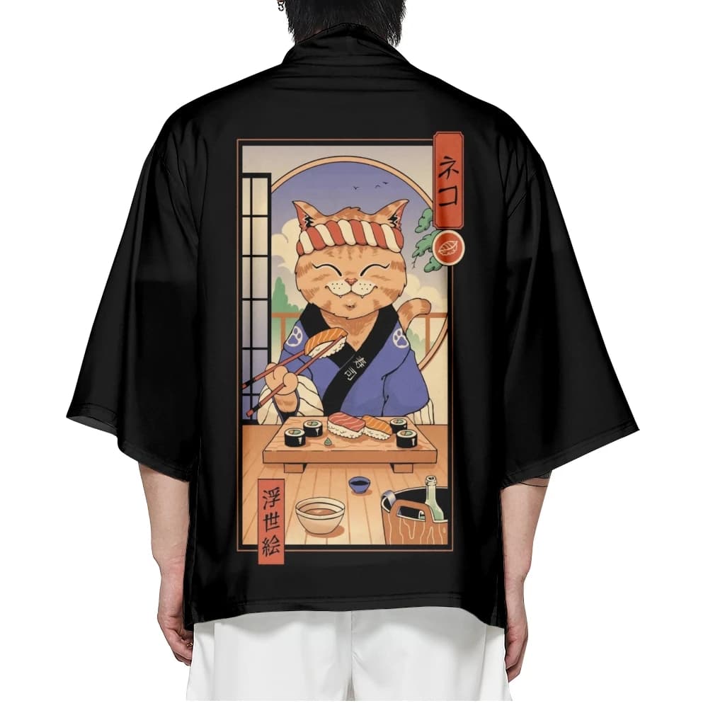 Harajuku moda giapponese nero simpatico gatto stampa kimono uomo e donna cardigan camicetta Haori Obi vestiti asiatici samurai
