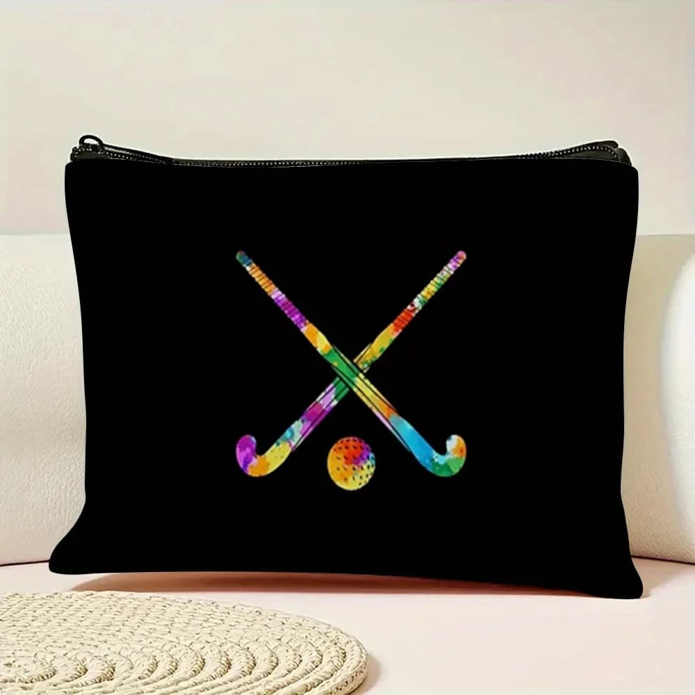 1 Piece Watercolor Hockey Stick and Ice Hockey Design Makeup Bag - Multifunctional Zipper Pouch for Women, Perfect Travel Zipper Storage Bag, Fun Birthday Gift
