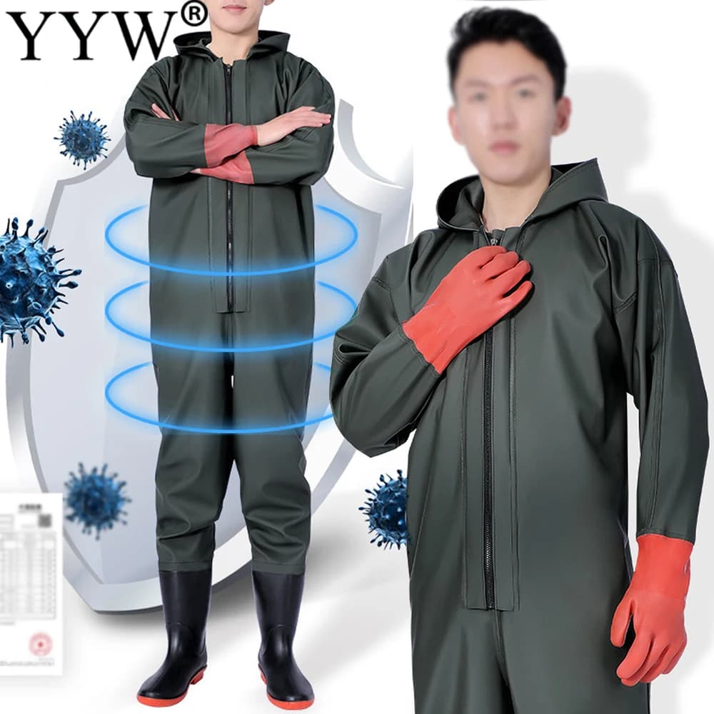 Long-sleeved wader trousers with adult hood with boots Gloves Set Outdoor fishing Hunt River tracking equipment Raincoat overall for men