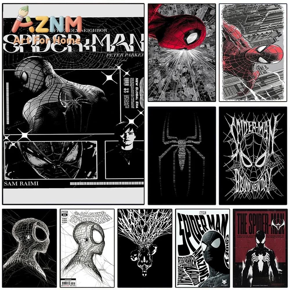 Spider Man Black White Canvas Wall Art No Frame Peter Parker Superhero Comic Movie Poster Print Home Bedroom Living Room Decor