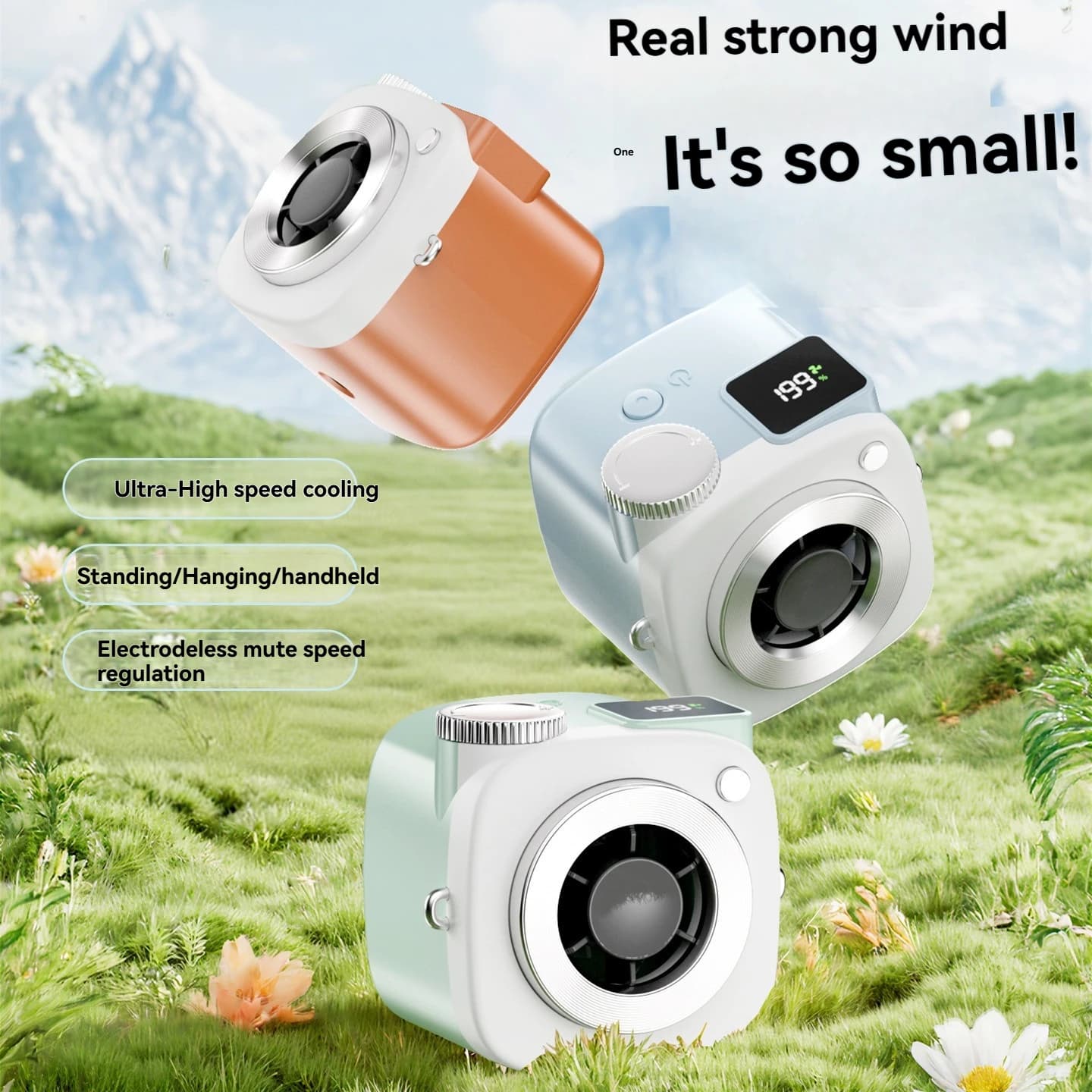 Mini ventilatore da collo a forma di fotocamera, ventilatore portatile da tavolo con IA intelligente, piccolo ventilatore digitale da esterno per passeggino