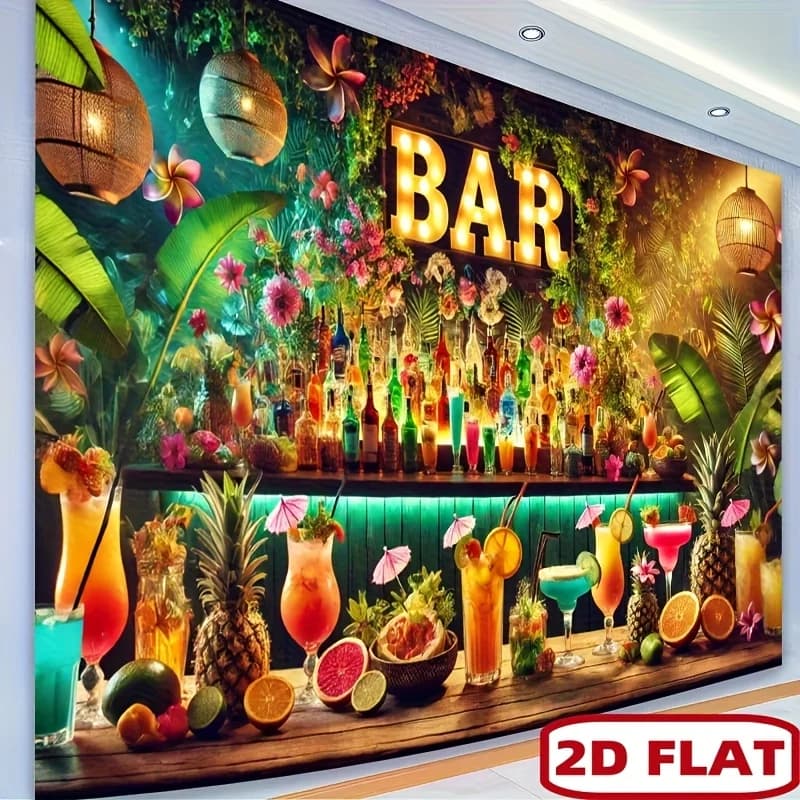 Tropical Paradise Bar Tapestry Exotic Cocktail Lounge Wall Art Tiki Hut Themed Restaurant Decor Vibrant Jungle Leaves Fruits