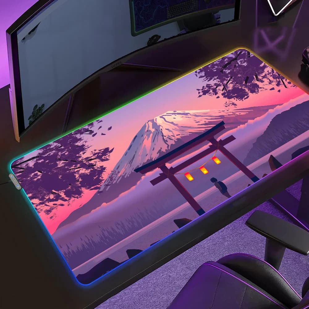 Tappetino per mouse da gioco giapponese Torii Gate Mountain Cherry Blossom con LED, retroilluminato RGB, in gomma, XXL