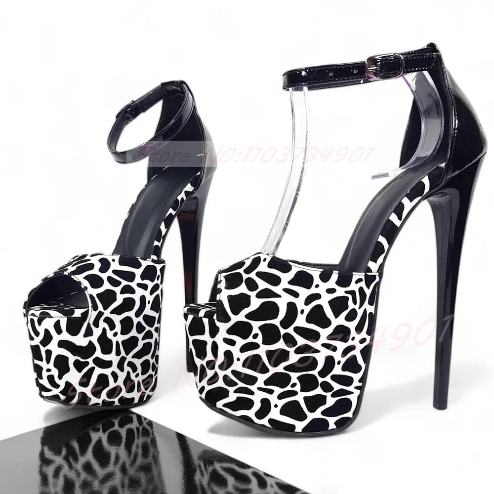 Giraffe Print Peep Toe Platform Heels Sandals Women Black White Leopard Ankle Strap Shoes Dress Party 14CM High Heels Sandals