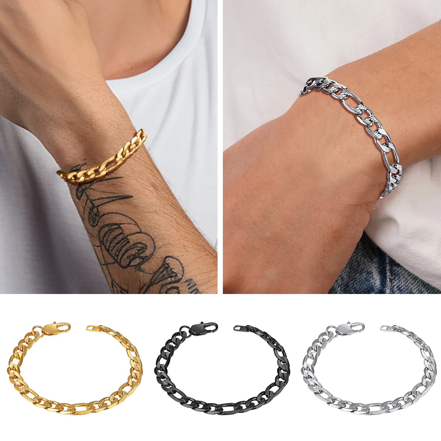Braccialetti a catena Figaro in acciaio inossidabile U7 per uomo donna 6/8/10 mm di larghezza 19/21 cm 7,5/8,3 pollici regalo di gioielli unisex dal design classico