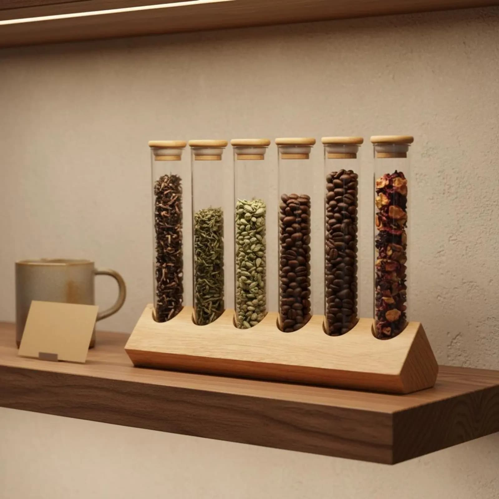 Set di Contenitori in Vetro con Supporto in Legno, Design Trasparente, Espositore per Chicchi di Caffè, Facile da Pulire
