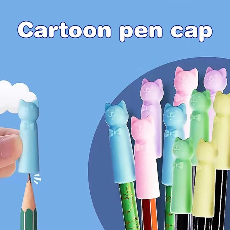 ^. [SH] 10 Pieces Rubber to Clear 2 in 1 with Protective Cap for Tip, to Cat Shape Carton, Toe Covers for Pen, Student Chancellery