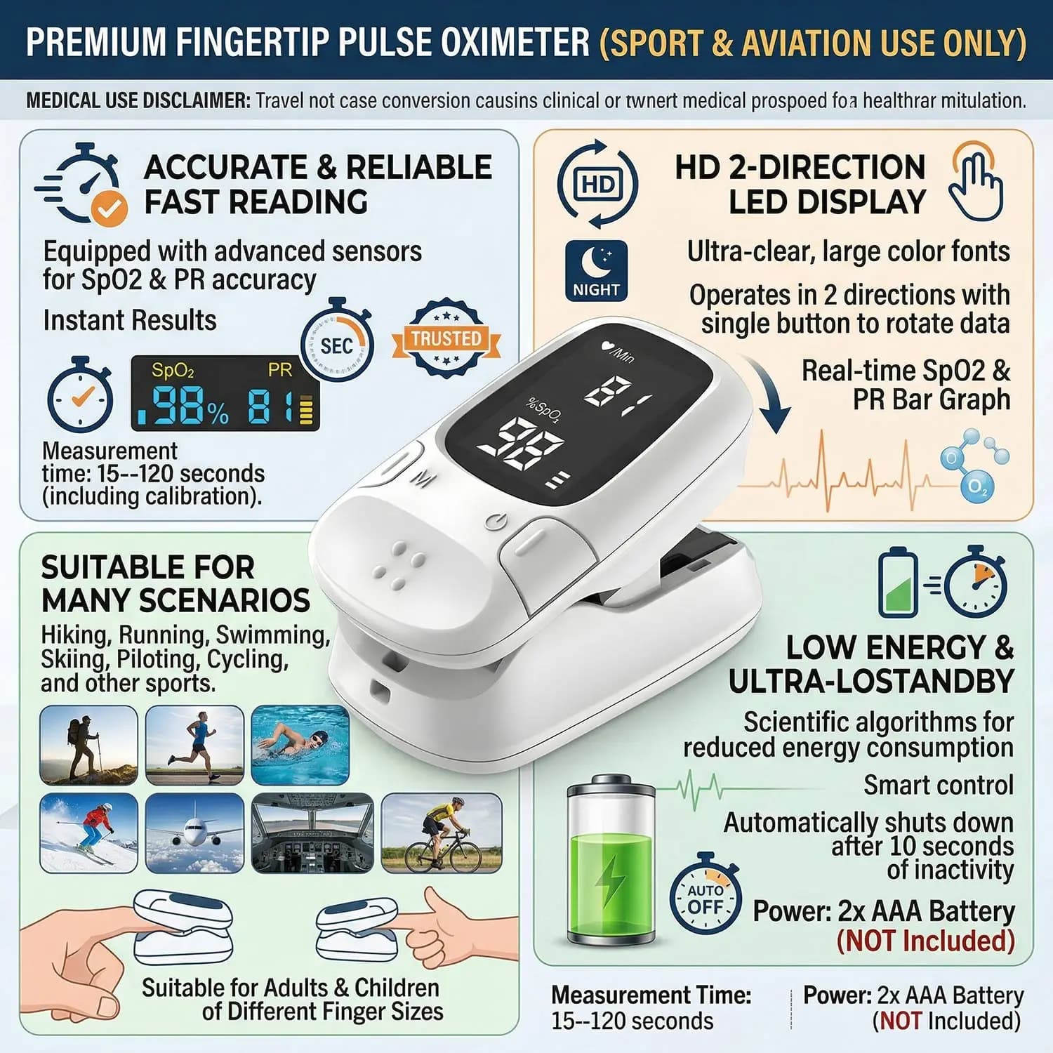 Portable Fingertip Pulse Oximeter SPO2 Blood Oxygen Saturation Monitor with LED Display