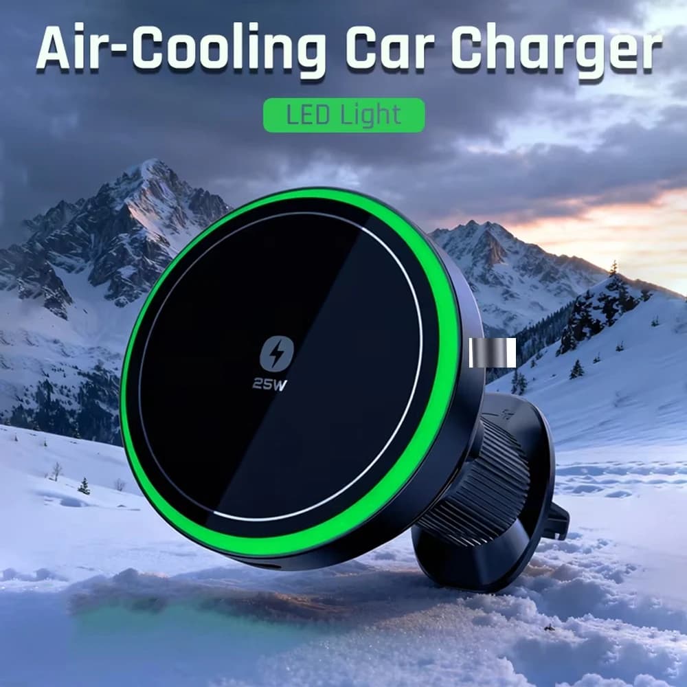 25W Car Wireless Charger with Air Cooling, Phone Support with LED Light, Fast Magnetic Charging Station for iPhone Magsafe 17~12 Pro Max