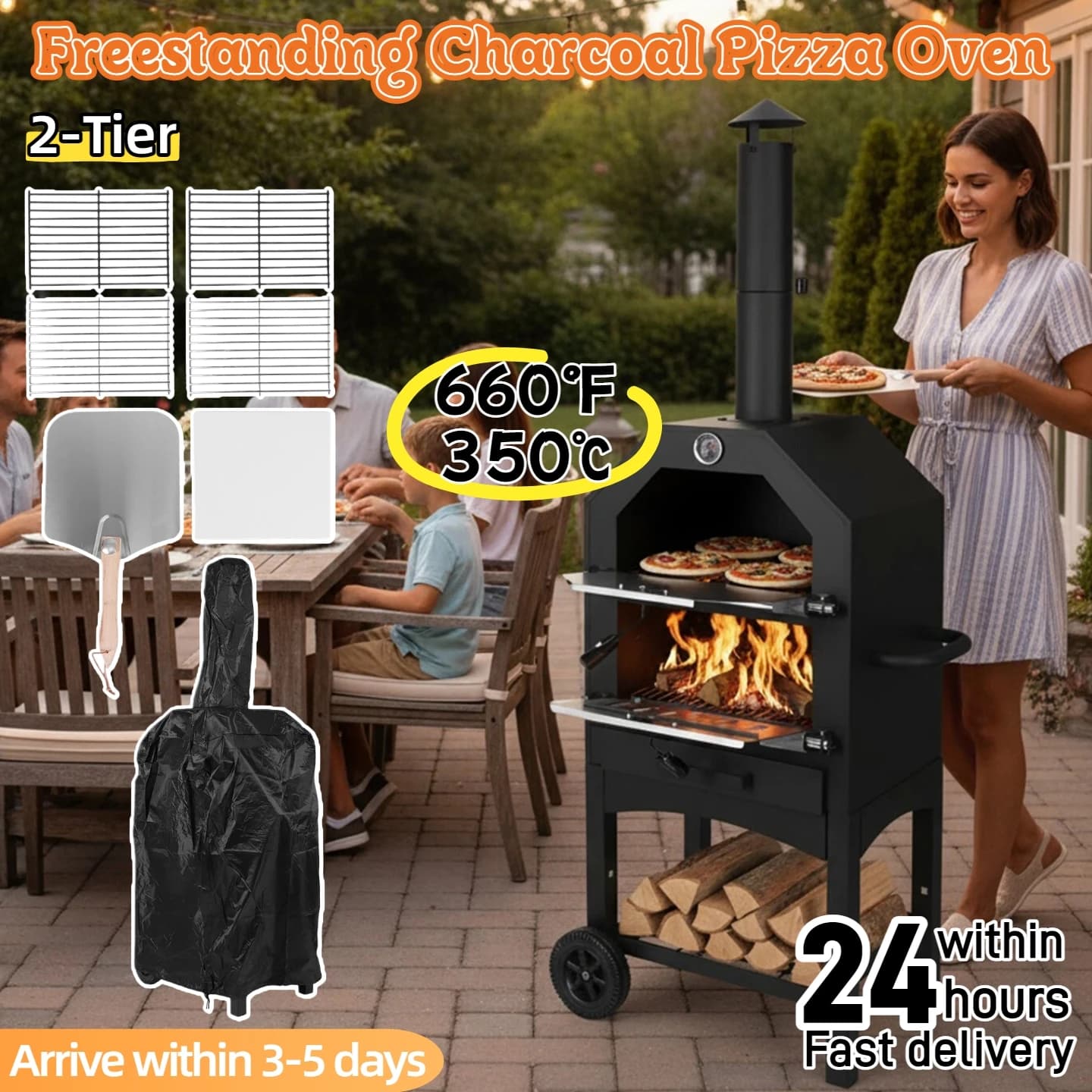 Forno per pizza da esterno a 2 livelli, legna per esterno, produttore da patio con pietra, buccia, griglia e copertura impermeabile per cortile