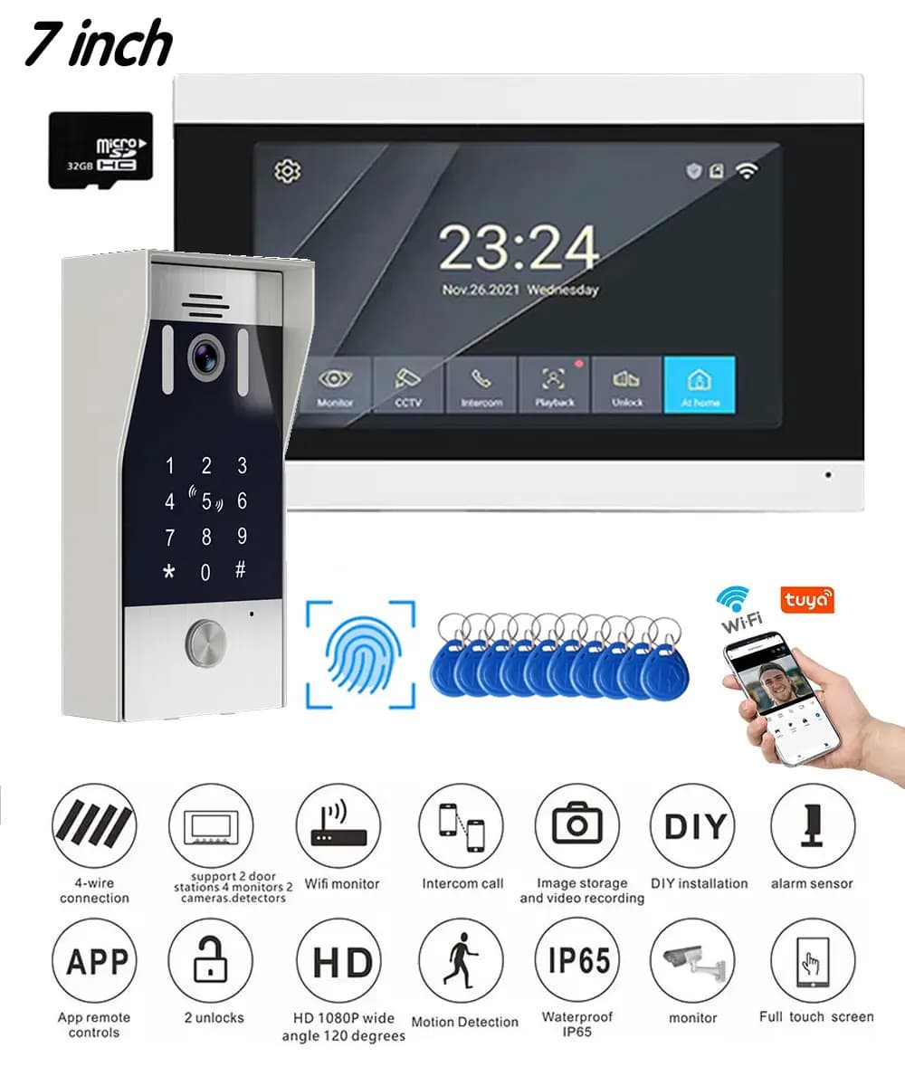 Nuovo 5in1 Impronte Digitali Sblocco Tuya Smart 1080P 7 pollici LCD Wifi Videocitofono Sistema Videocitofono Telecamera con Rilevatore di Movimento