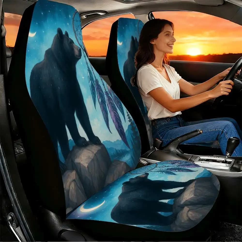 2pcs Midnight Bear With Dreamcatcher Car Seat Covers Suitable For Front Seats, High Back Design, Material, Suitable For Cars, SU