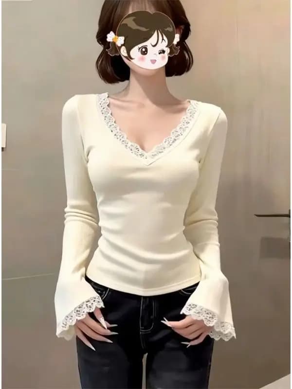 Maglietta con Scollo a V e Maniche Lunghe, Semplice con Inserti in Pizzo, Nuova Moda Coreana per Donna, Tendenza Primavera-Autunno