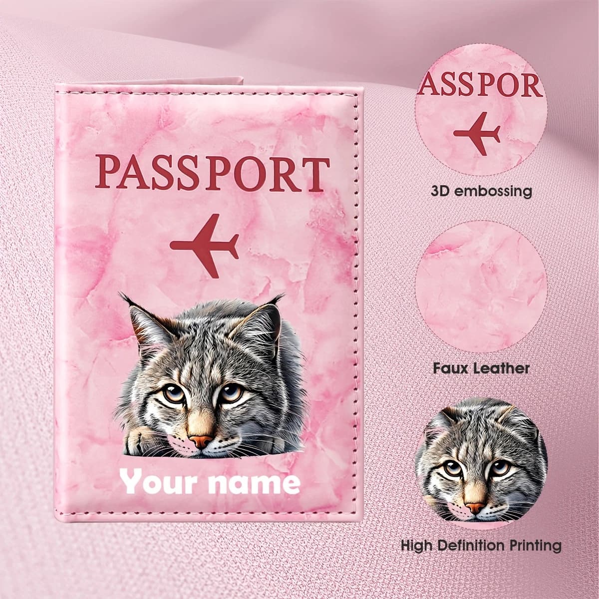 Custom Name Cat Realistic Style PU Passport Holder, Gray Tabby Cat Face Close-Up Pattern Presents Natural And Vivid Texture