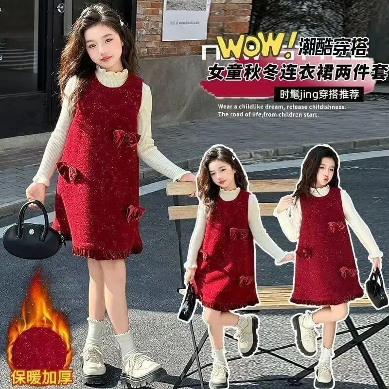 Fiocco per bambini di medie dimensioni Colore contrastante con gonna con tracolla in velluto aggiunta e set di camicie di base Cappotto in due pezzi per torta da ragazza