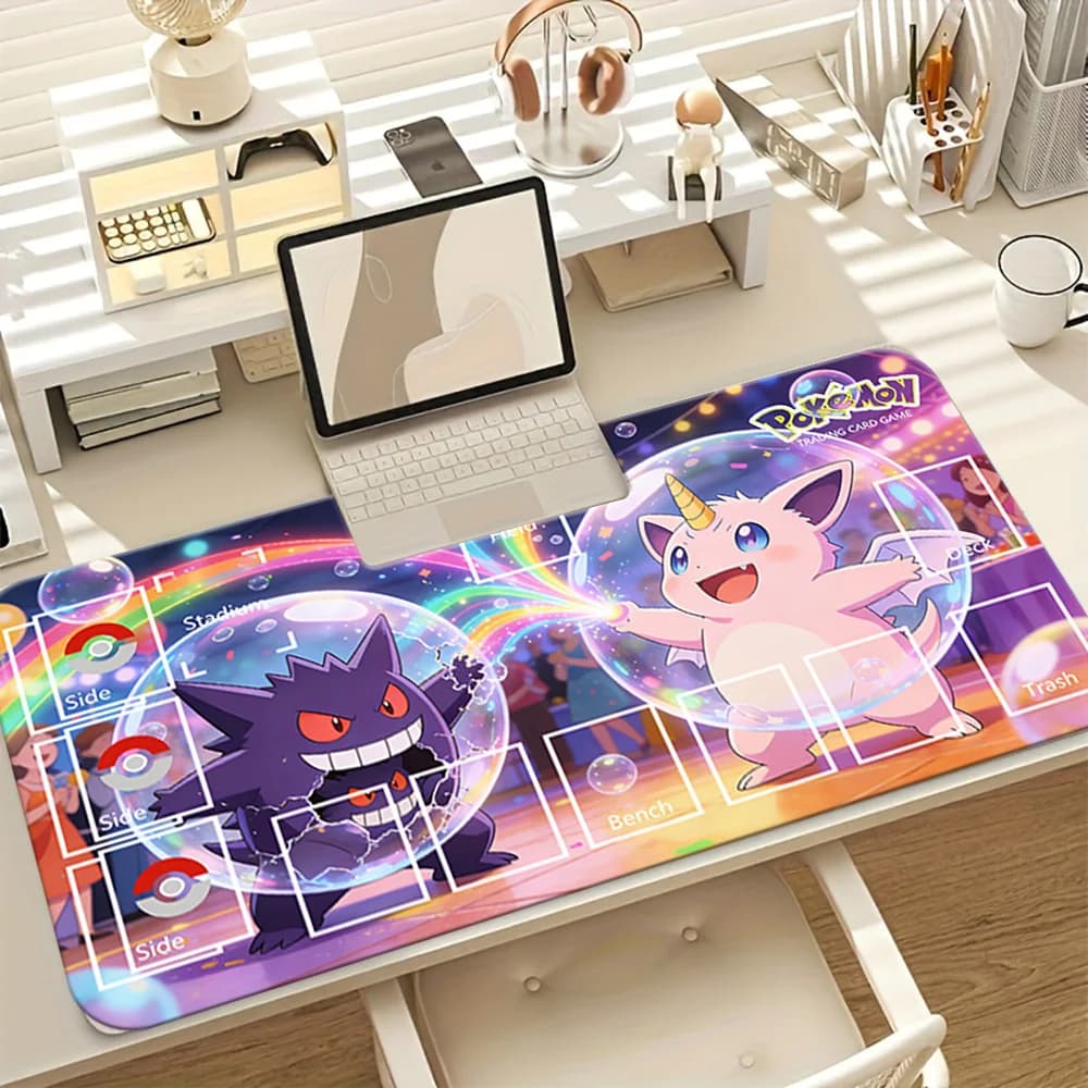 Tappetino da gioco Pokemon Gengar Clefable Rainbow Bubble Stage TCG, base in gomma antiscivolo, superficie in tessuto lavabile, grande tappetino per mouse da gioco