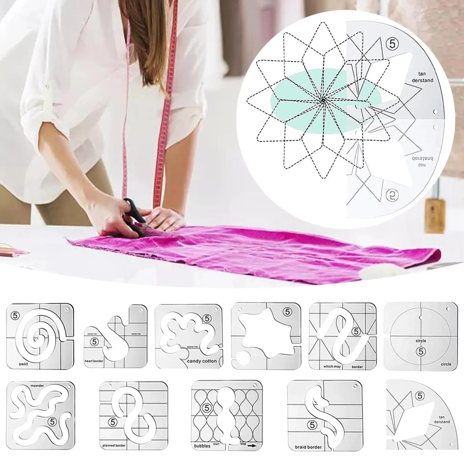 Set di Righelli in Acrilico Trasparente per Cucito e Quilting, Strumento Professionale per Hobby di Ricamo