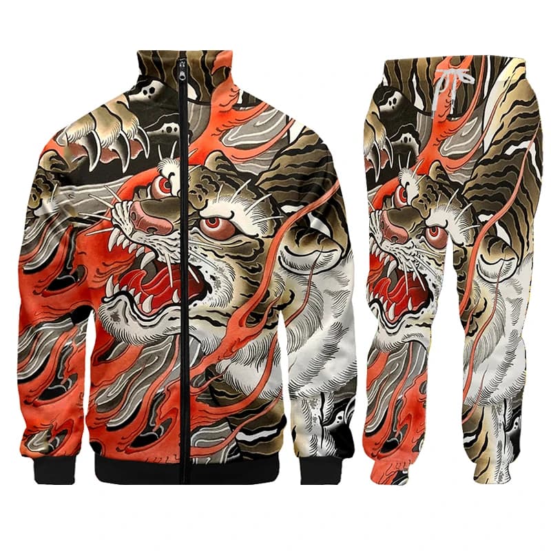 Dragon Long Mens 3D Print Felpa con cappuccio Set 2 pezzi Abiti Giacca + Pantaloni Per abiti da uomo Abiti con stampa uomo Set Tuta Abbigliamento sportivo