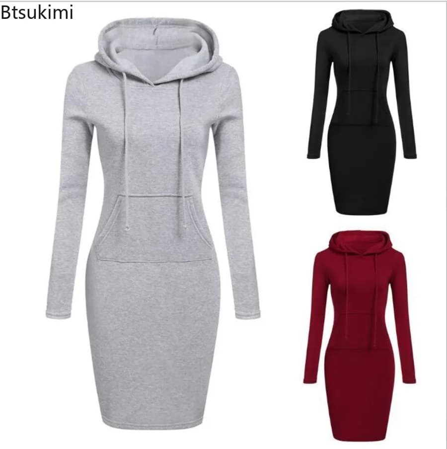 Nuove Felpe Lunghe da Donna 2026 Primavera Autunno, Casual e Comode, Tinta Unita, Maniche Lunghe, con Cappuccio e Tasche, Vestito Maxi per Donna