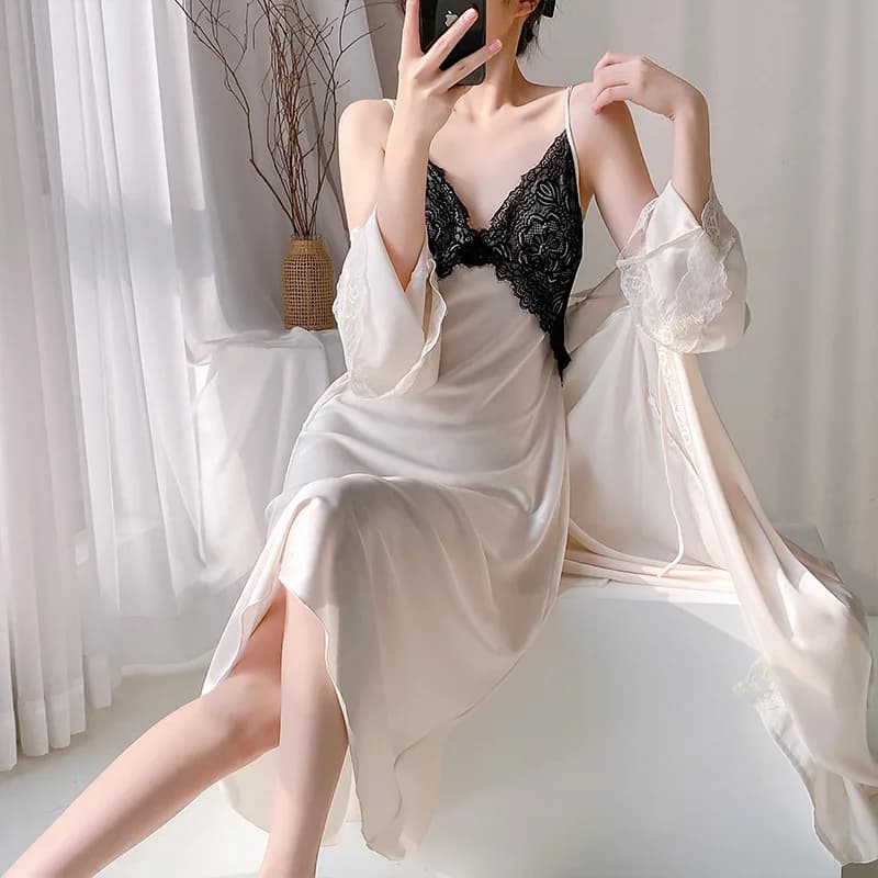 Twinset Bathrobe Suit Summer Women Silky Satin Nightgown Robe Set Lace Loungewear Kimono Gown Nightwear Sleepwear Homedress