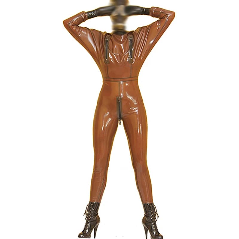 Catsuit in lattice sexy marrone con cerniere sul seno sul cavallo posteriore Tuta in gomma Tuta intera Zentai senza guanti Maglione 0351