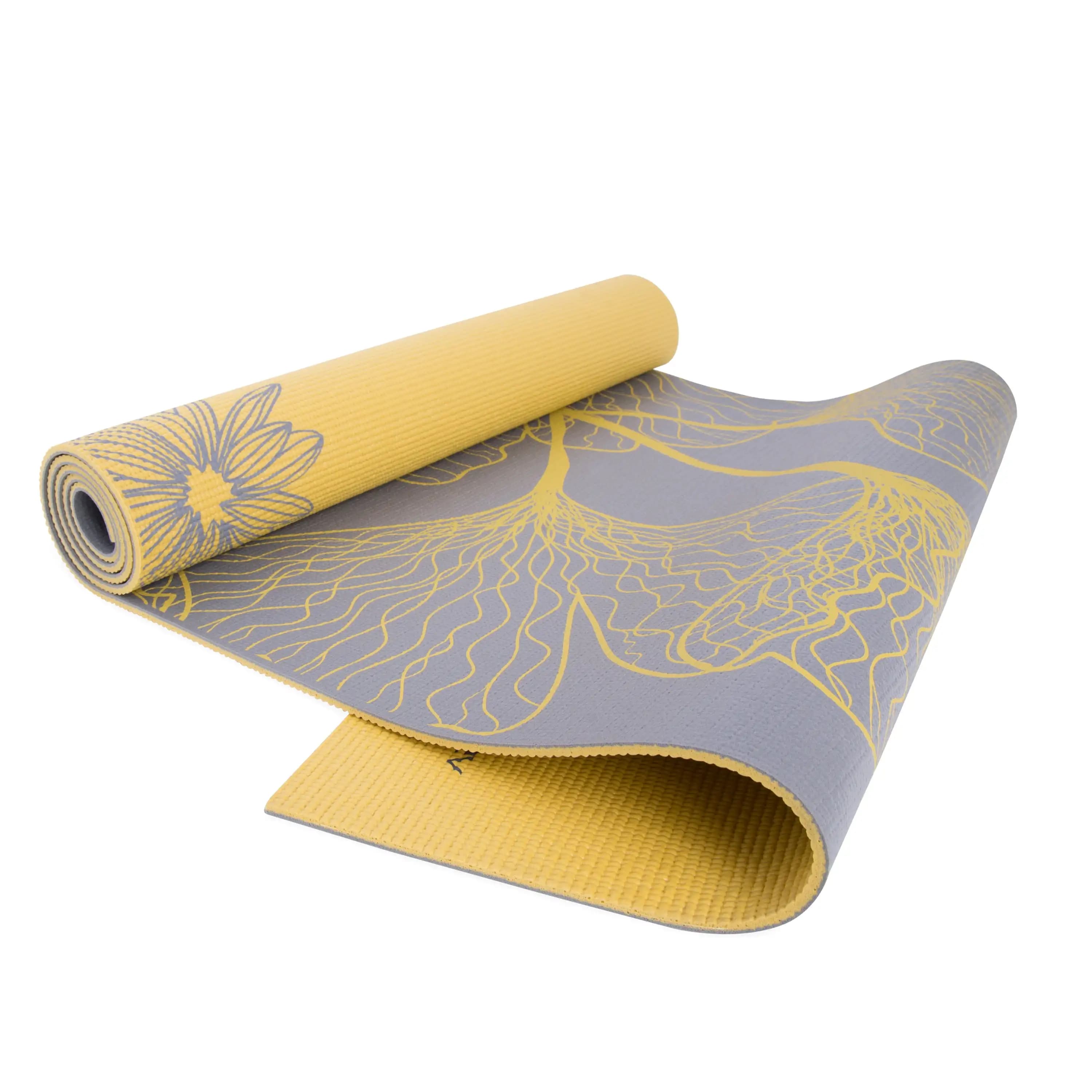 Tappetino yoga reversibile, 5 mm con tracolla, Dahlia e Ginkgo